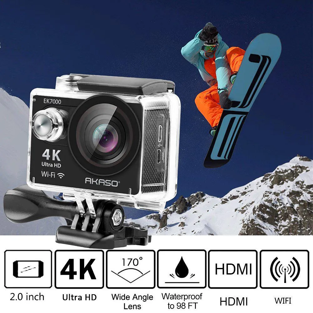 Akaso EK7000 Ultra HD 4k WIFI 170 Degree Wide Waterproof Sports Action Camera - Black