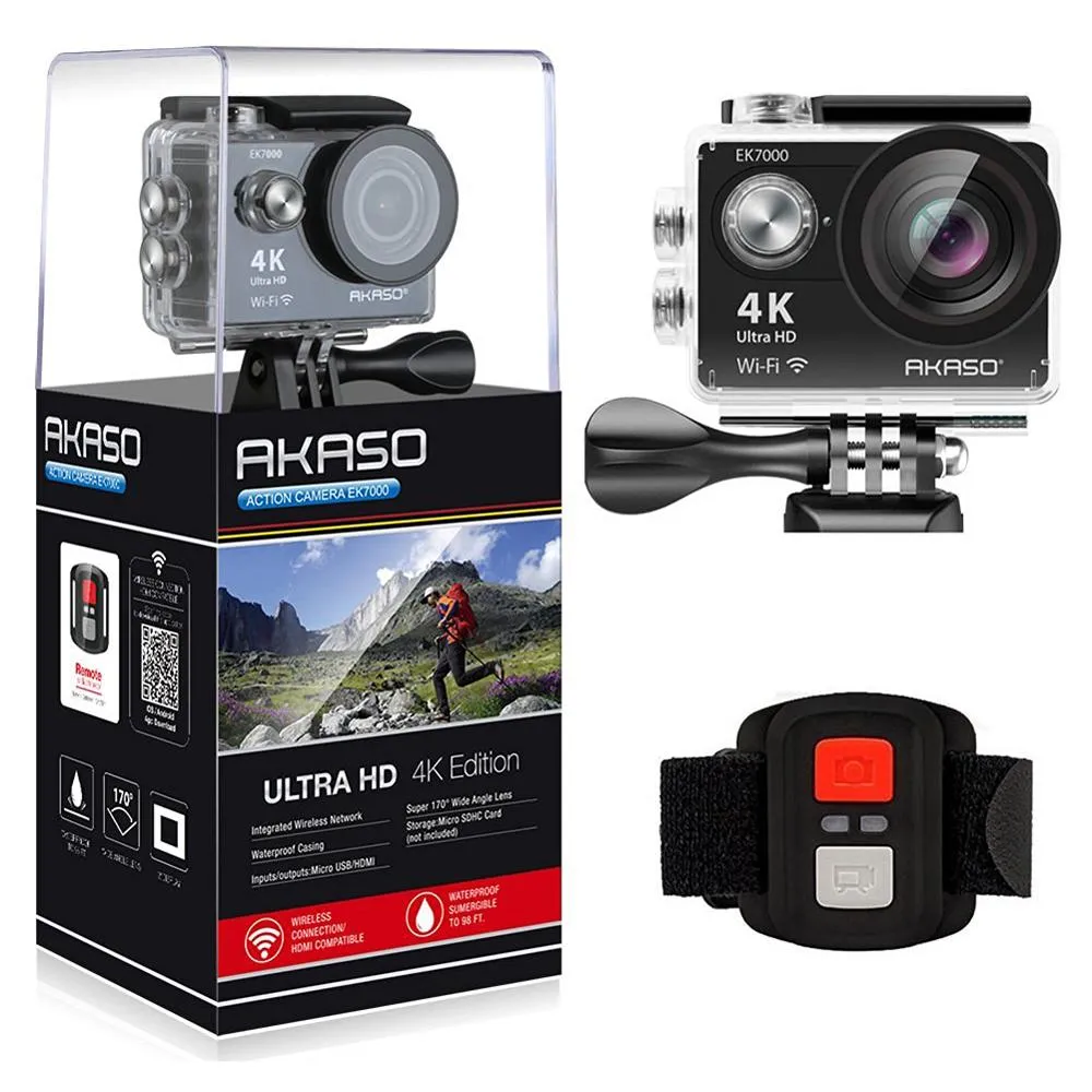 Akaso EK7000 Ultra HD 4k WIFI 170 Degree Wide Waterproof Sports Action Camera - Black