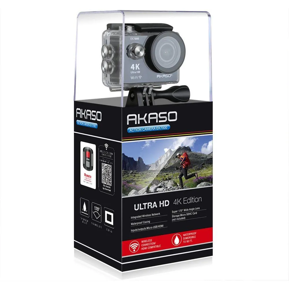 Akaso EK7000 Ultra HD 4k WIFI 170 Degree Wide Waterproof Sports Action Camera - Black