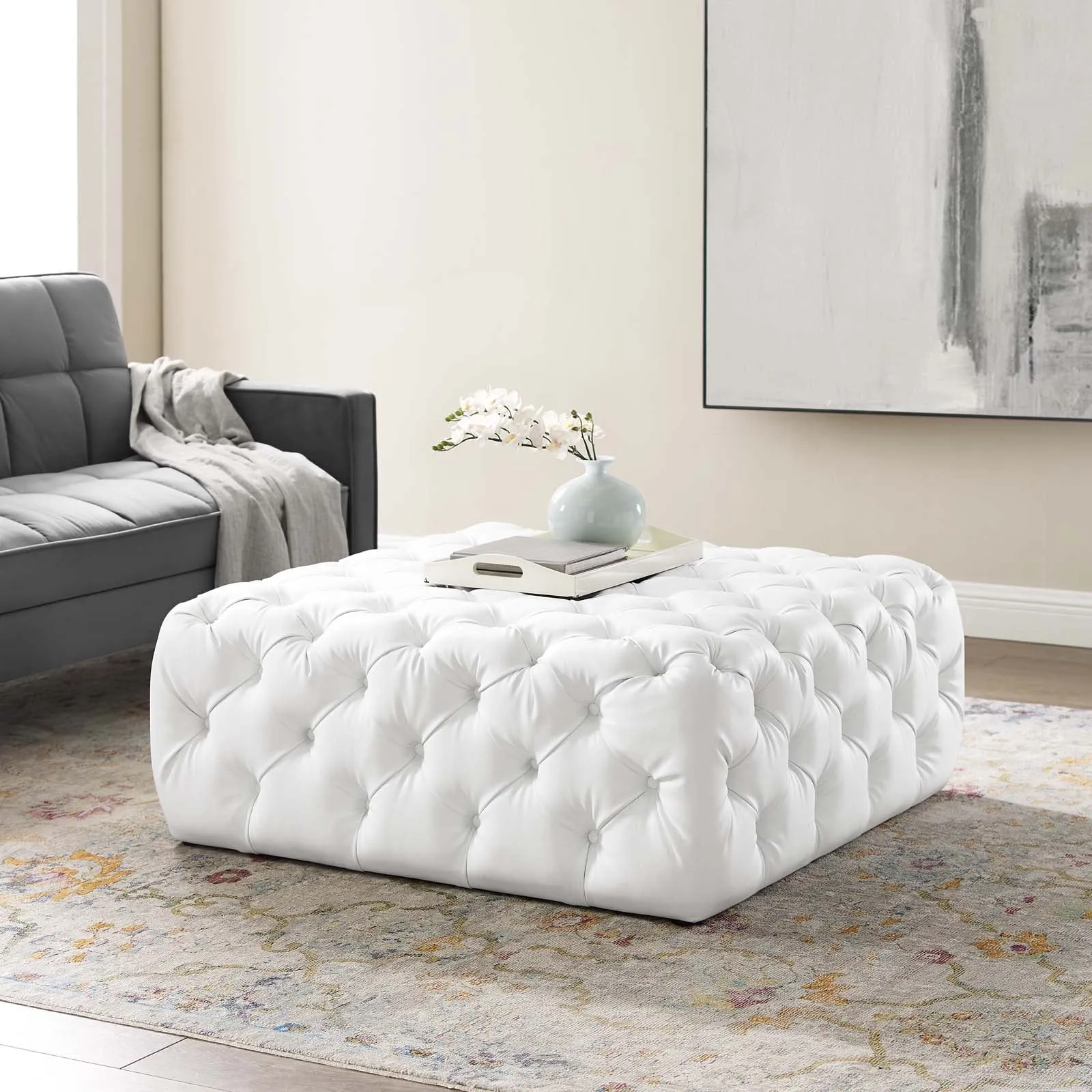 Amour Tufted Button Large Square Faux Leather Ottoman