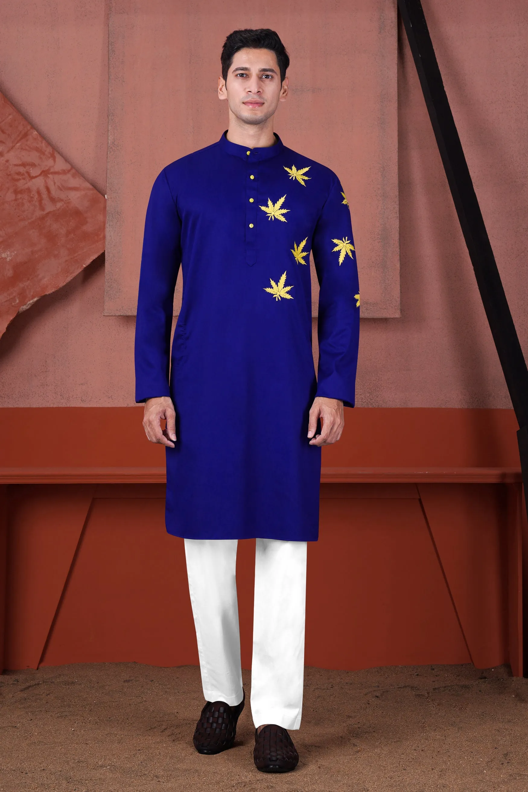 Arapawa Blue with Leaves Embroidered Subtle Sheen Super Soft Premium Cotton Designer Kurta Set