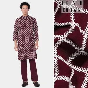 Aubergine Maroon and White Geometric Pattern Thread Embroidered Subtle Sheen Viscose Designer Kurta Set