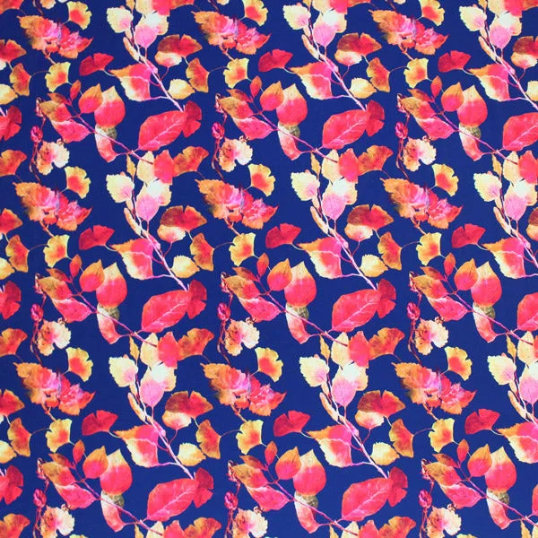 Autumn Navy Rust Leaves Printed Spandex | Blue Moon Fabrics