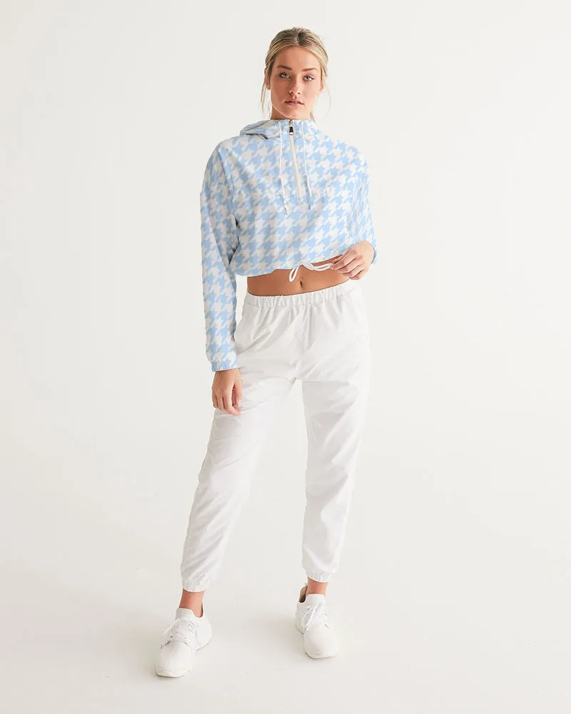 Baby Blue Houndstooth Women's Cropped Windbreaker Jacket