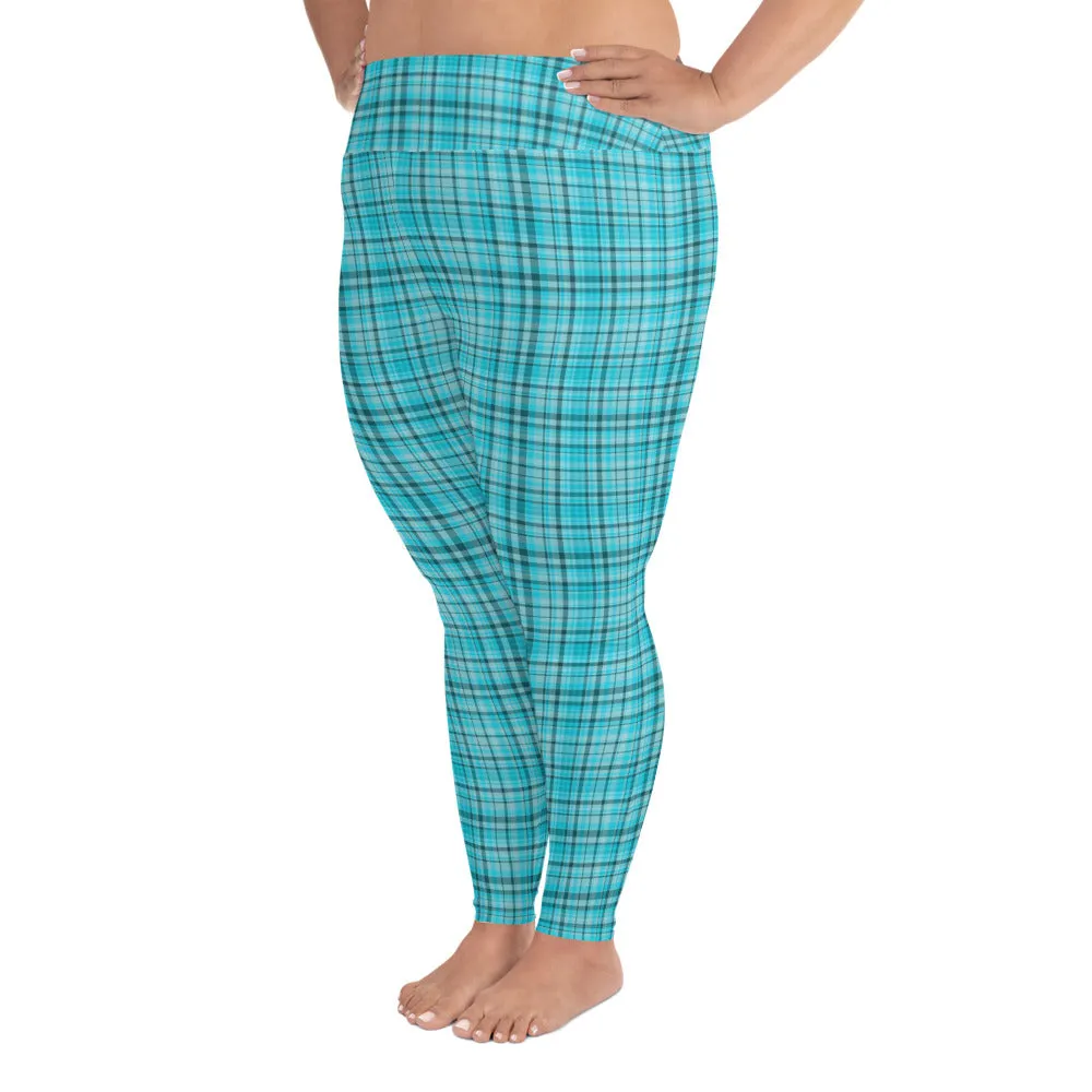 Blue Plaid Print Long Tights, Best Crystal Blue British Plaid Print Women's High Waist Elastic Long Yoga Pants