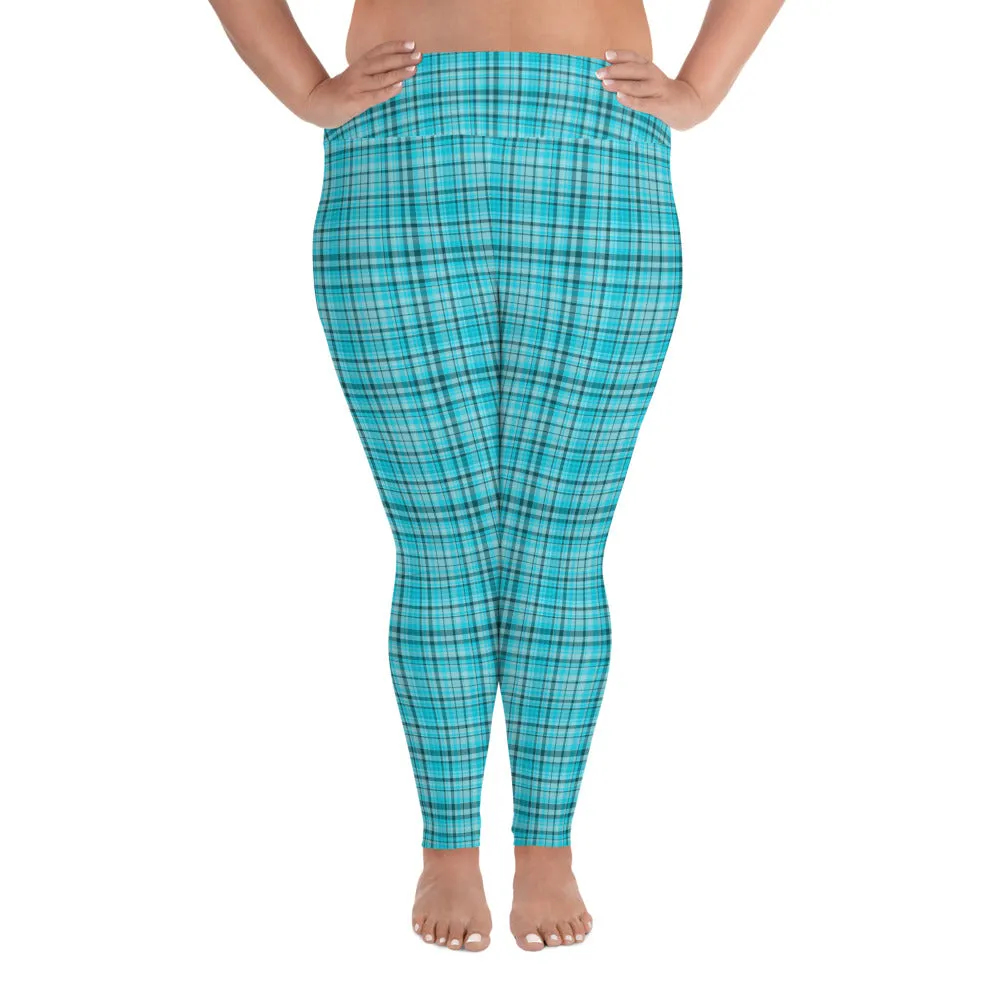 Blue Plaid Print Long Tights, Best Crystal Blue British Plaid Print Women's High Waist Elastic Long Yoga Pants