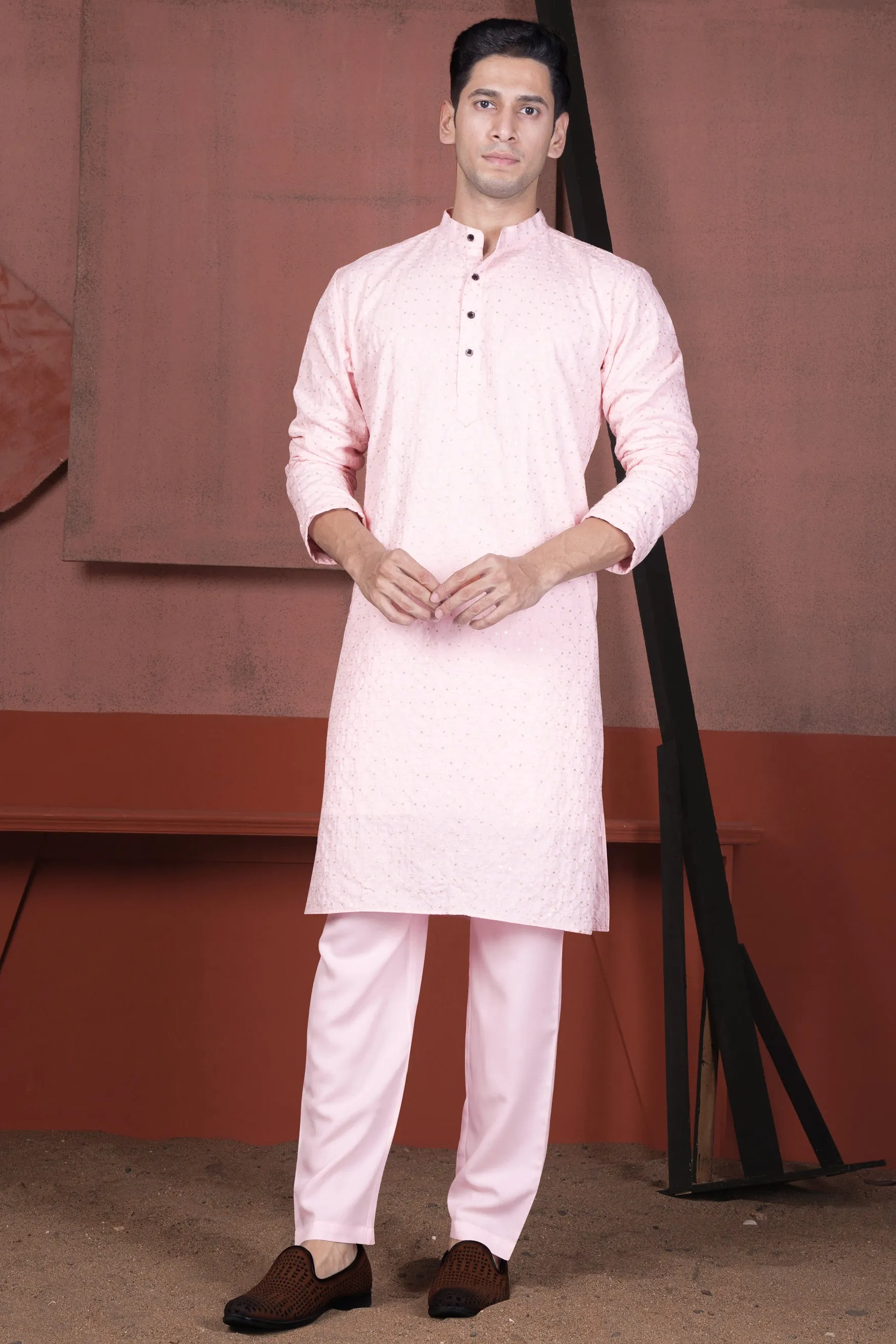 Blush Peach Viscose Embroidered With Tikki Work Designer Kurta Set