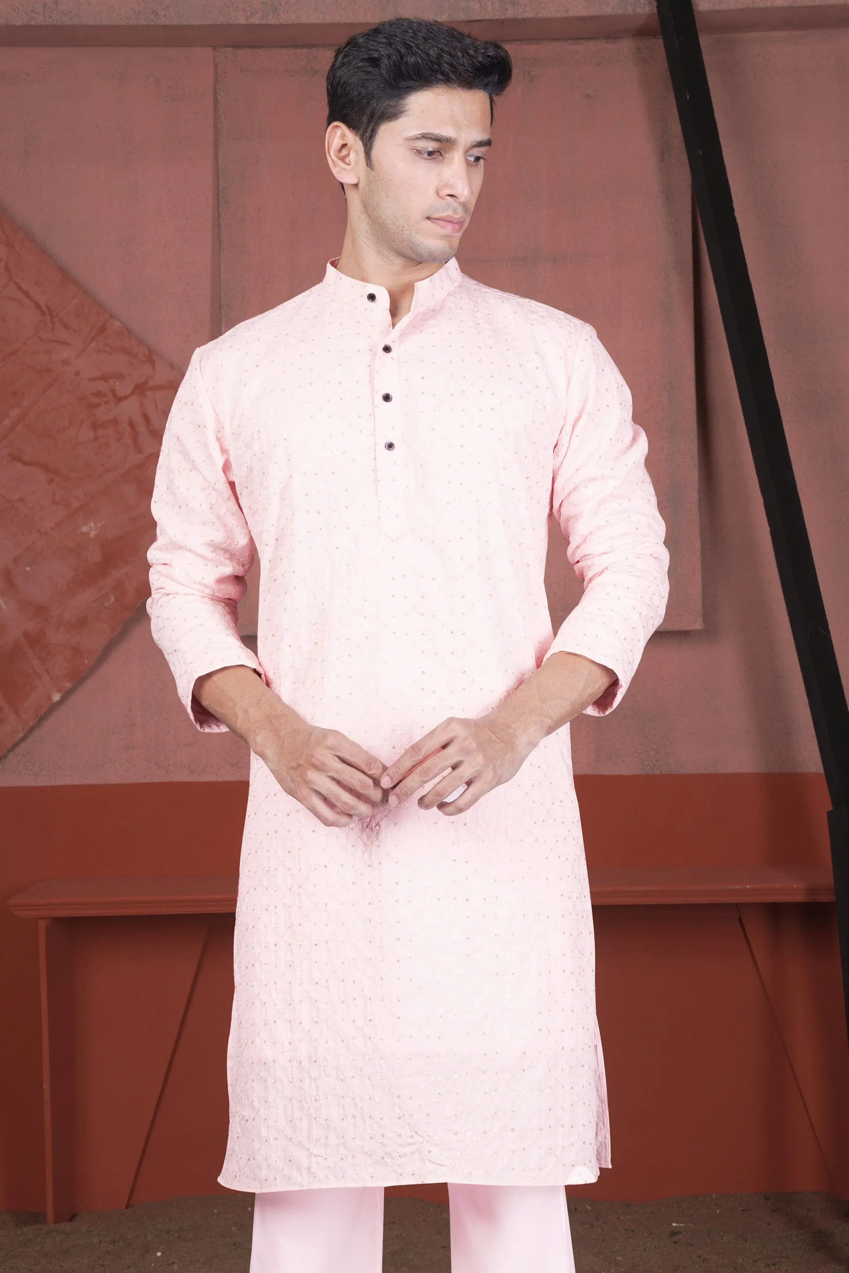 Blush Peach Viscose Embroidered With Tikki Work Designer Kurta Set