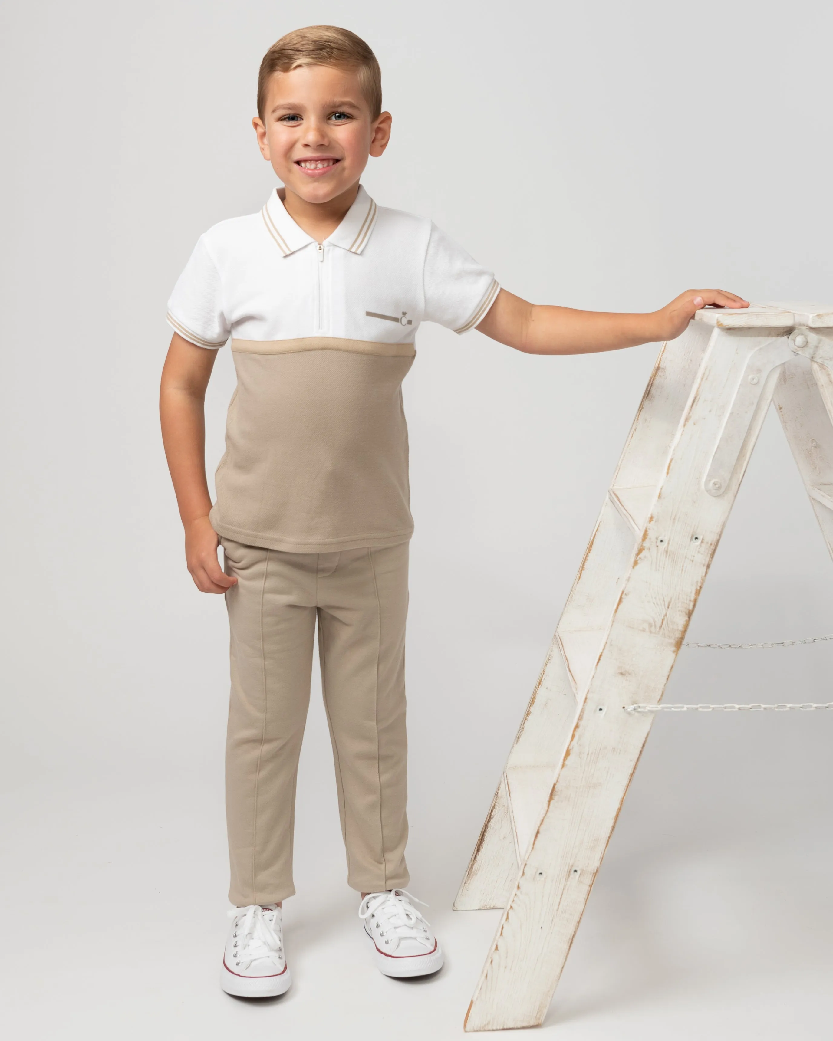 Caramelo Kids Boys Beige Polo Zip Leisure Set