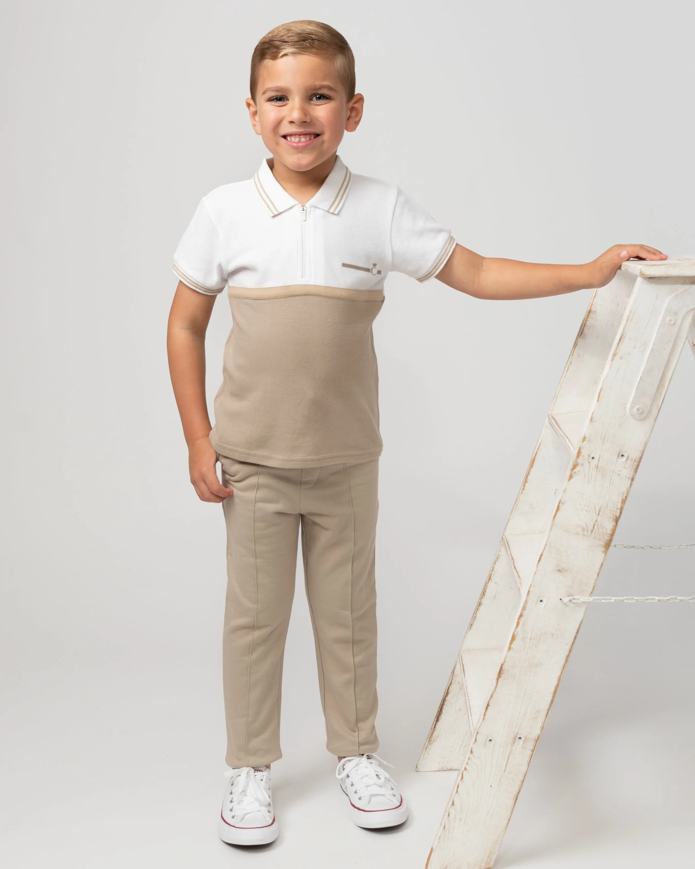 Caramelo Kids Boys Beige Polo Zip Leisure Set