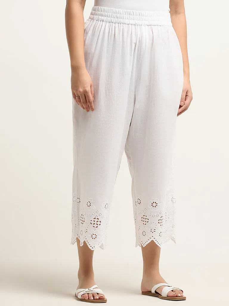 Diza White Floral Design High-Rise Cotton Ethnic Pants