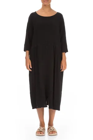 Dropped Shoulders Black Linen Viscose Dress