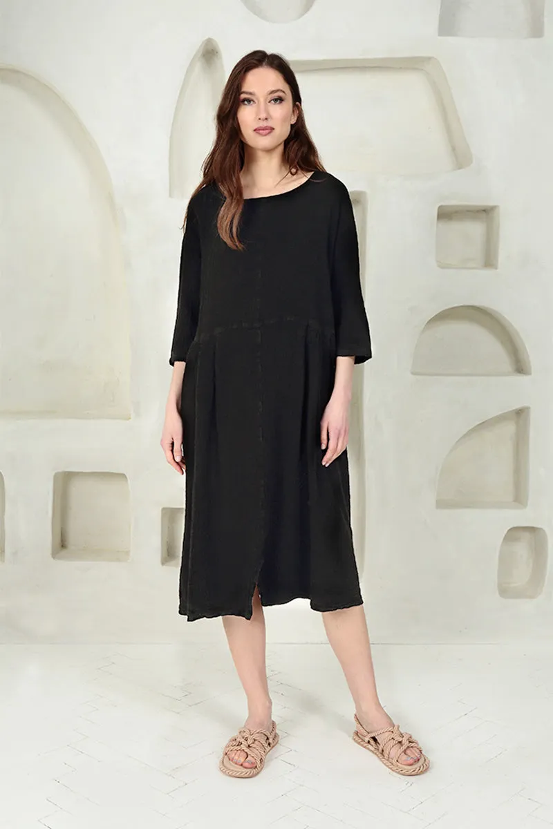 Dropped Shoulders Black Linen Viscose Dress