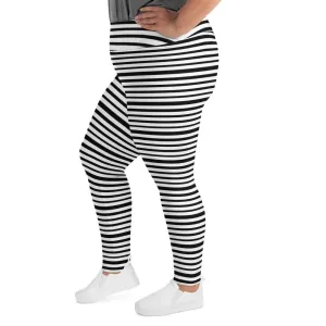 Horizontal White Striped Long Tights, Black Stripe Print Women's Plus Size Leggings Tights- Made in USA/ EU