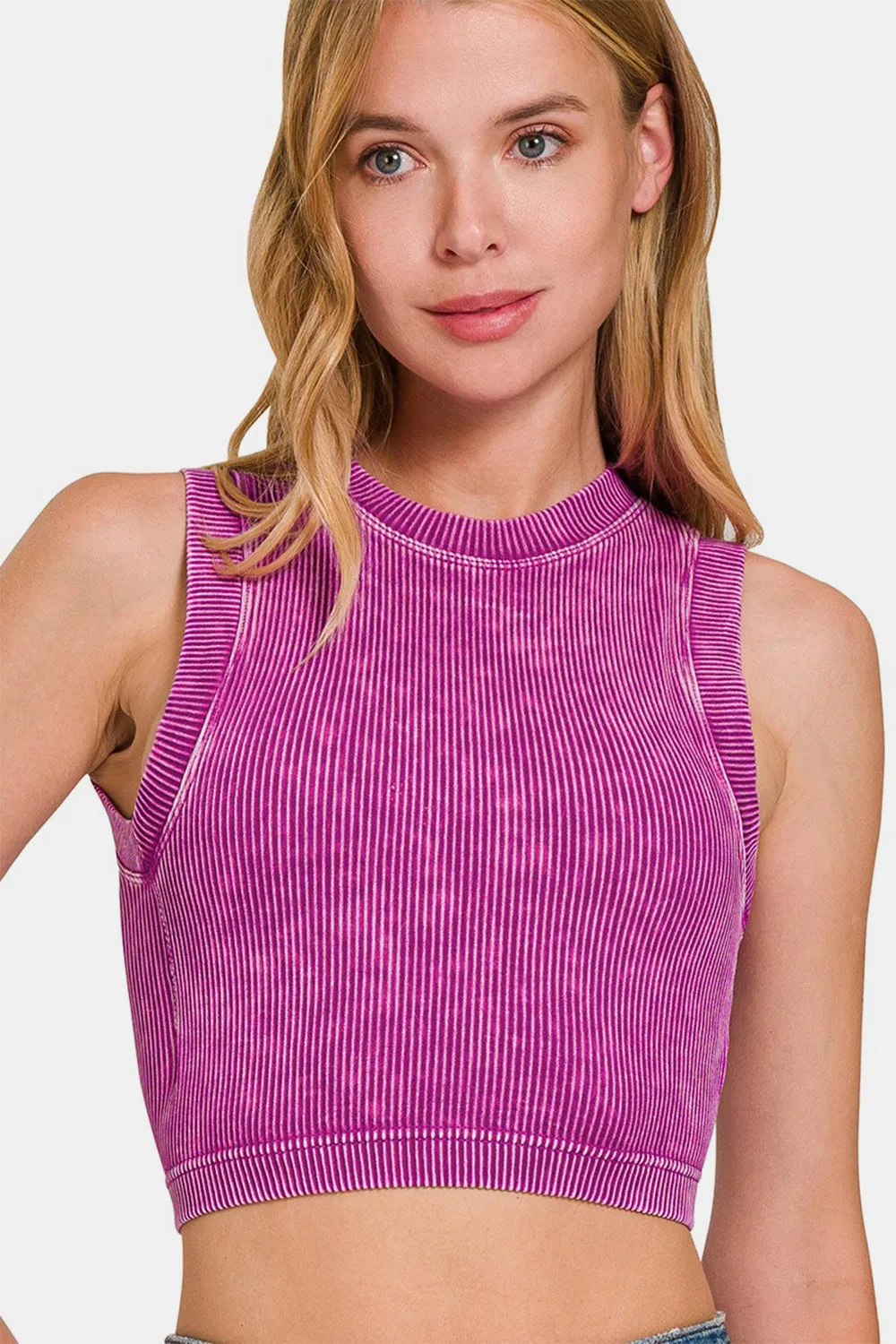 Jessica Washed Ribbed Seamless Crop Tank with Bra Pad