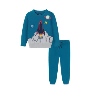 Kids (2-4) Sweater Set | Teal Spaceship