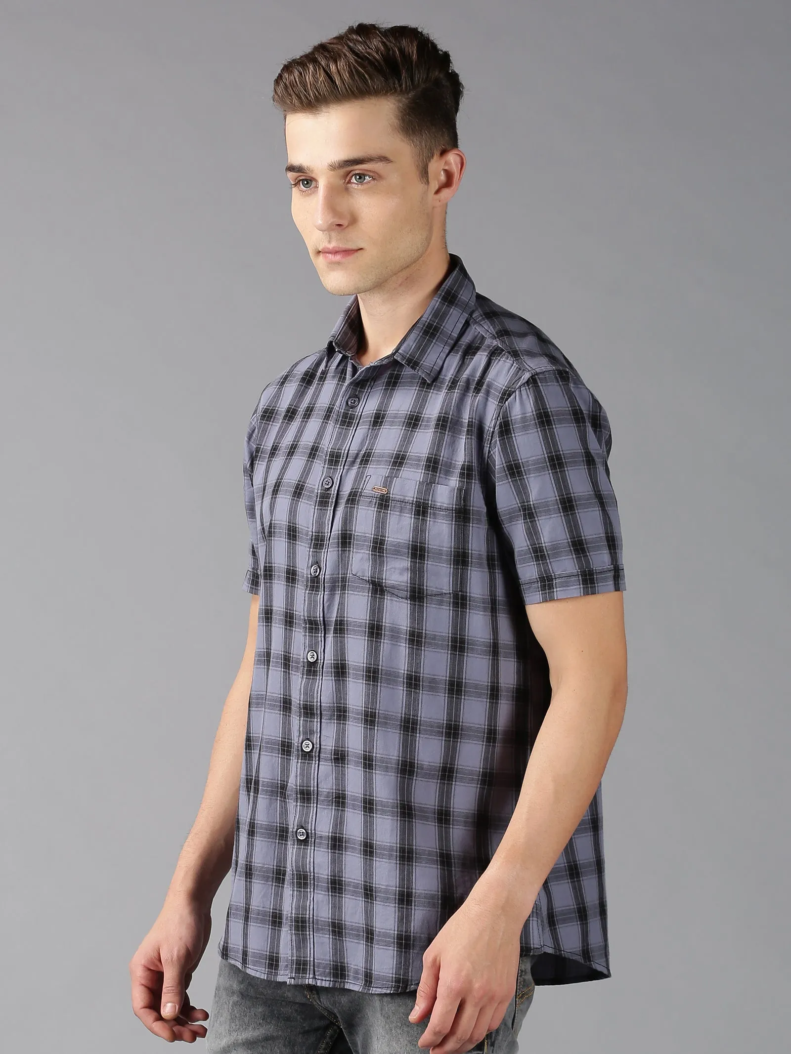 MEN'S BLACK GREY CHECK SLIM FIT SHIRT