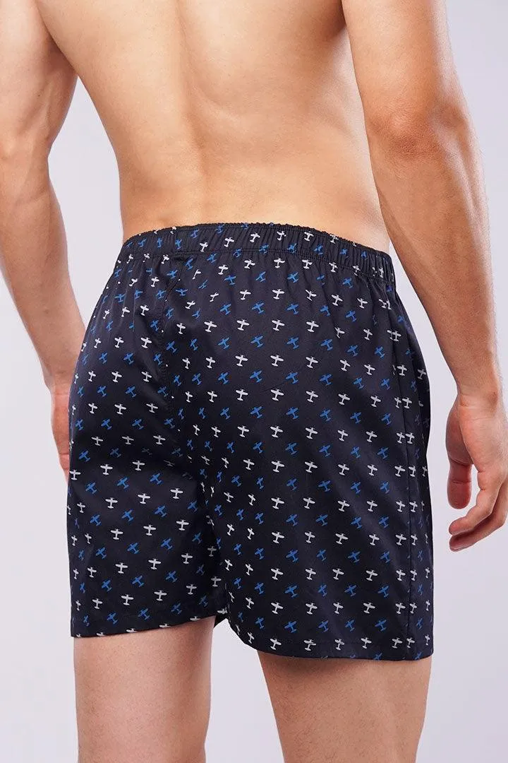 Printed Woven Boxer Shorts - Navy Blue