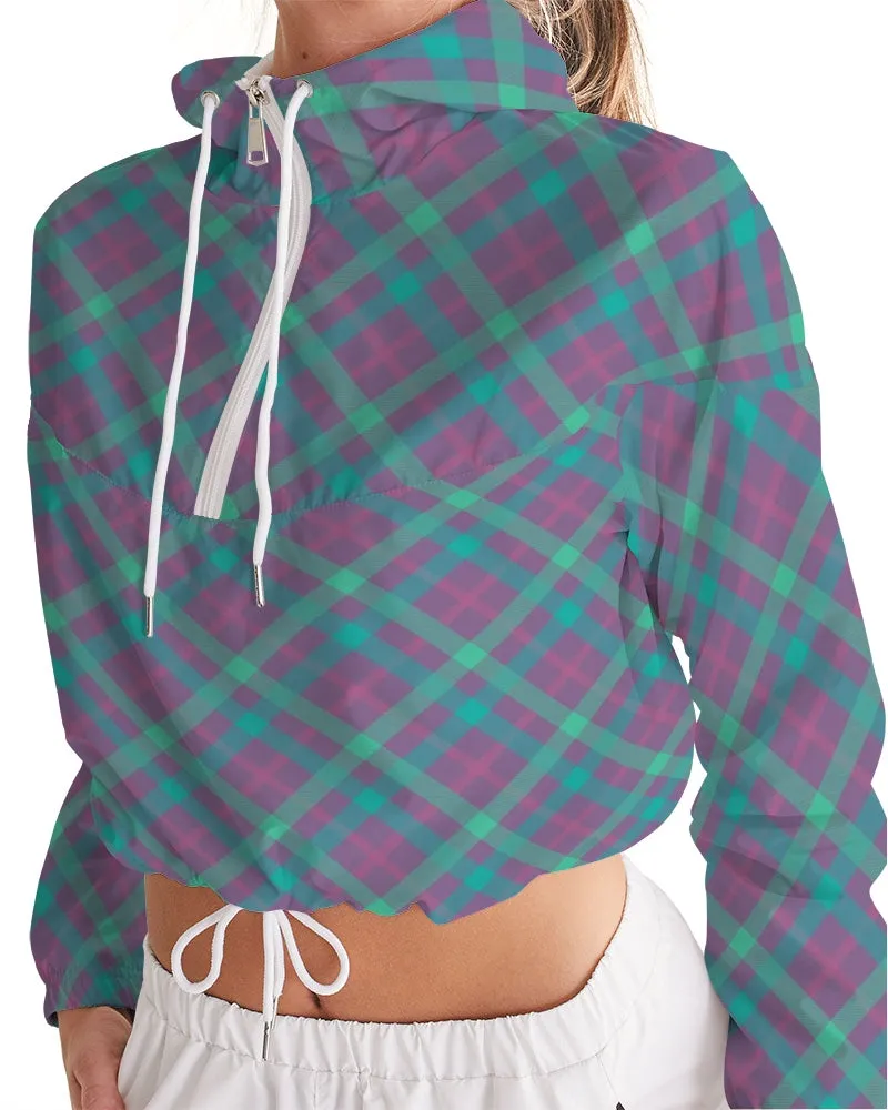 Purple & Green Tartan Women's Cropped Windbreaker Hooded Jacket