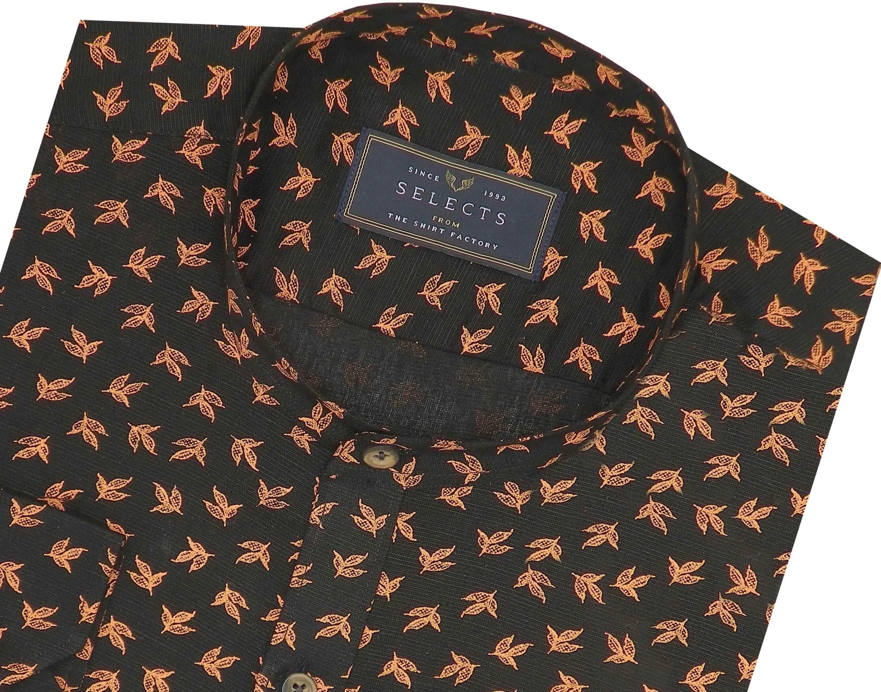 Selects Cotton Printed Shirt Linen Finish with Mandarin Collar - Black (0565-MAN)