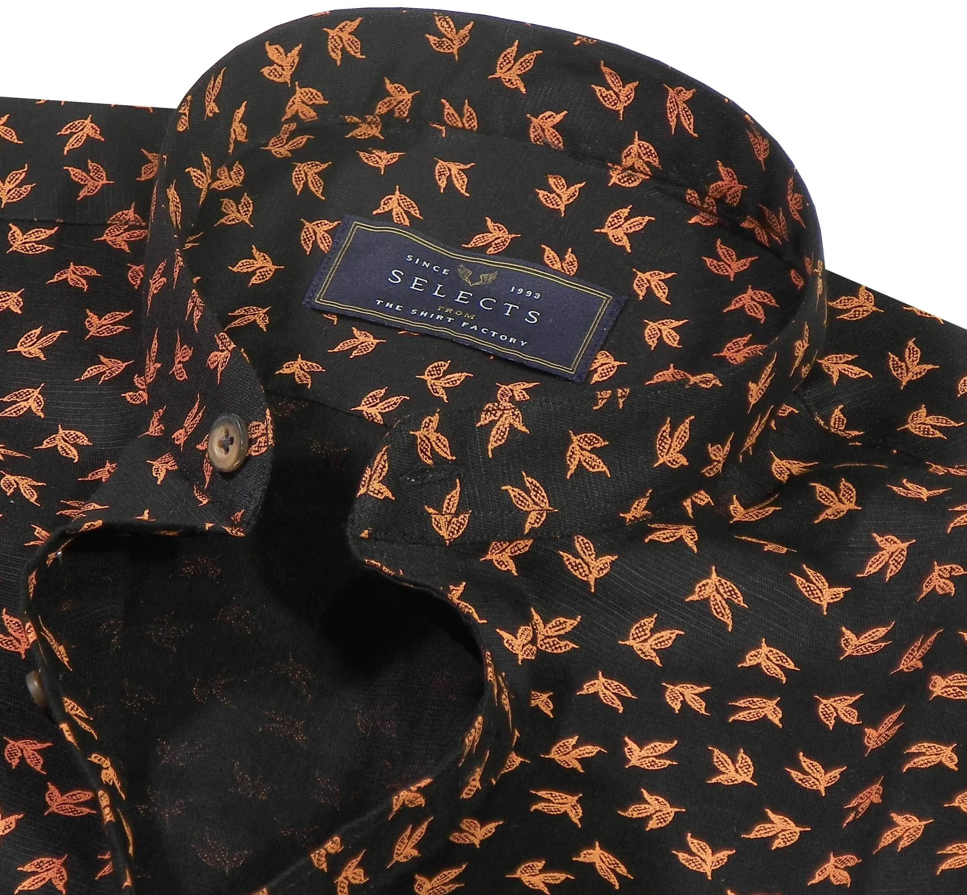 Selects Cotton Printed Shirt Linen Finish with Mandarin Collar - Black (0565-MAN)