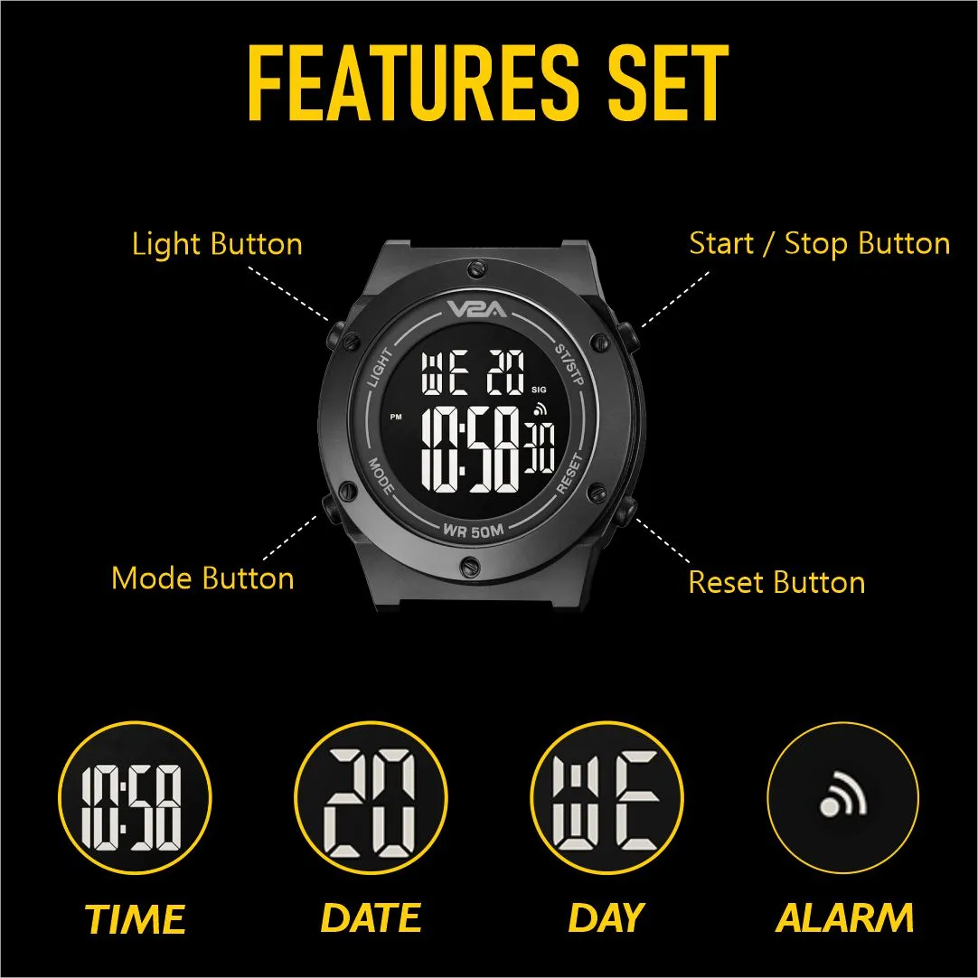 V2A Black Digital Watch for Men and Boys Sports Watch with Dual Time 5 ATM Waterproof Latest Men’s Watch | Gifts for Men | Gift for Brother | Gift for Husband | Birthday Gifts