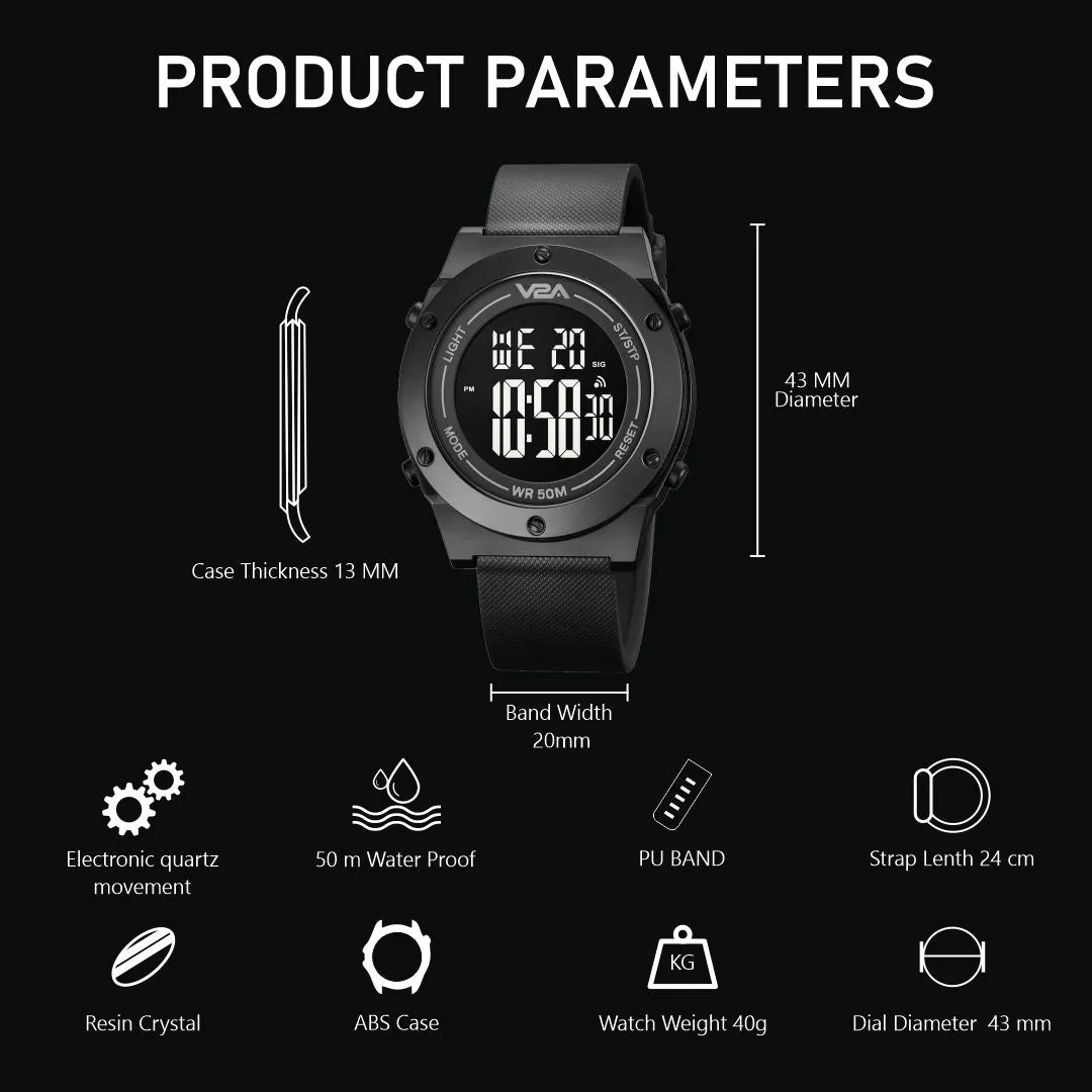 V2A Black Digital Watch for Men and Boys Sports Watch with Dual Time 5 ATM Waterproof Latest Men’s Watch | Gifts for Men | Gift for Brother | Gift for Husband | Birthday Gifts