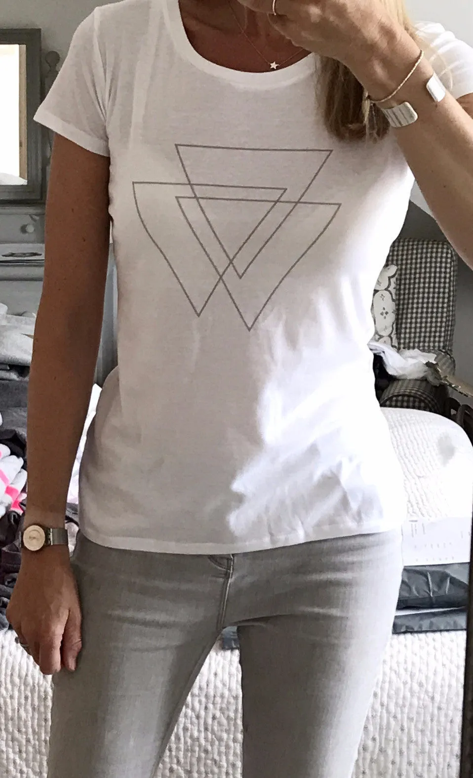 White tee with grey triangles