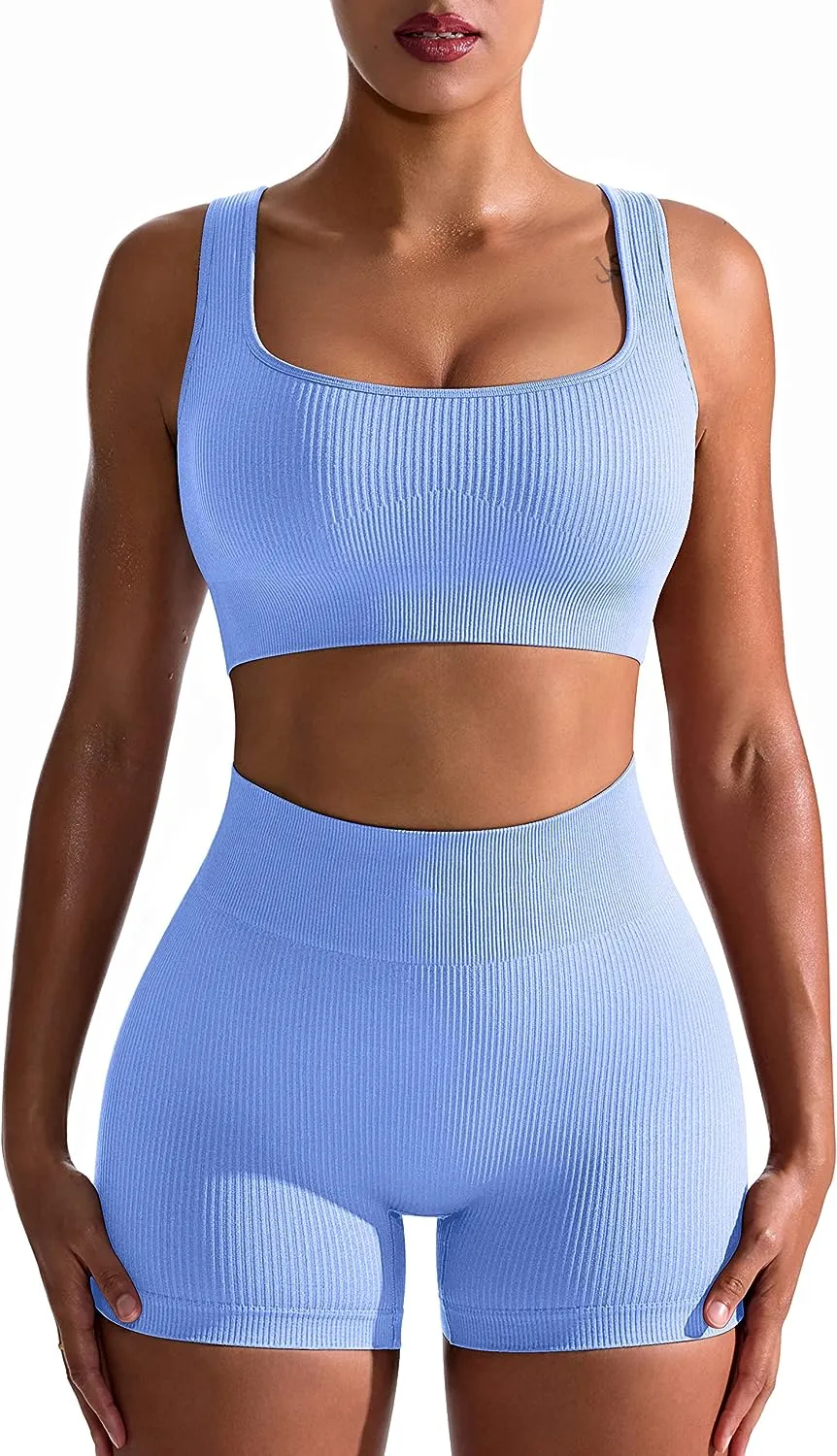 Women's 2 Piece Seamless Ribbed High Waist Short with Sports Bra Exercise Set - Blue