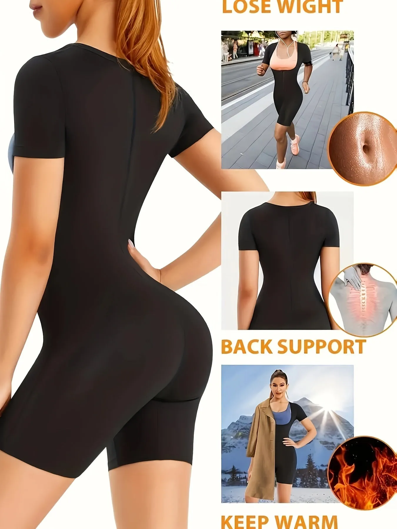 Zipper Sauna Sweat Bodysuit Tummy Control Fitness Jumpsuit Womens Activewear