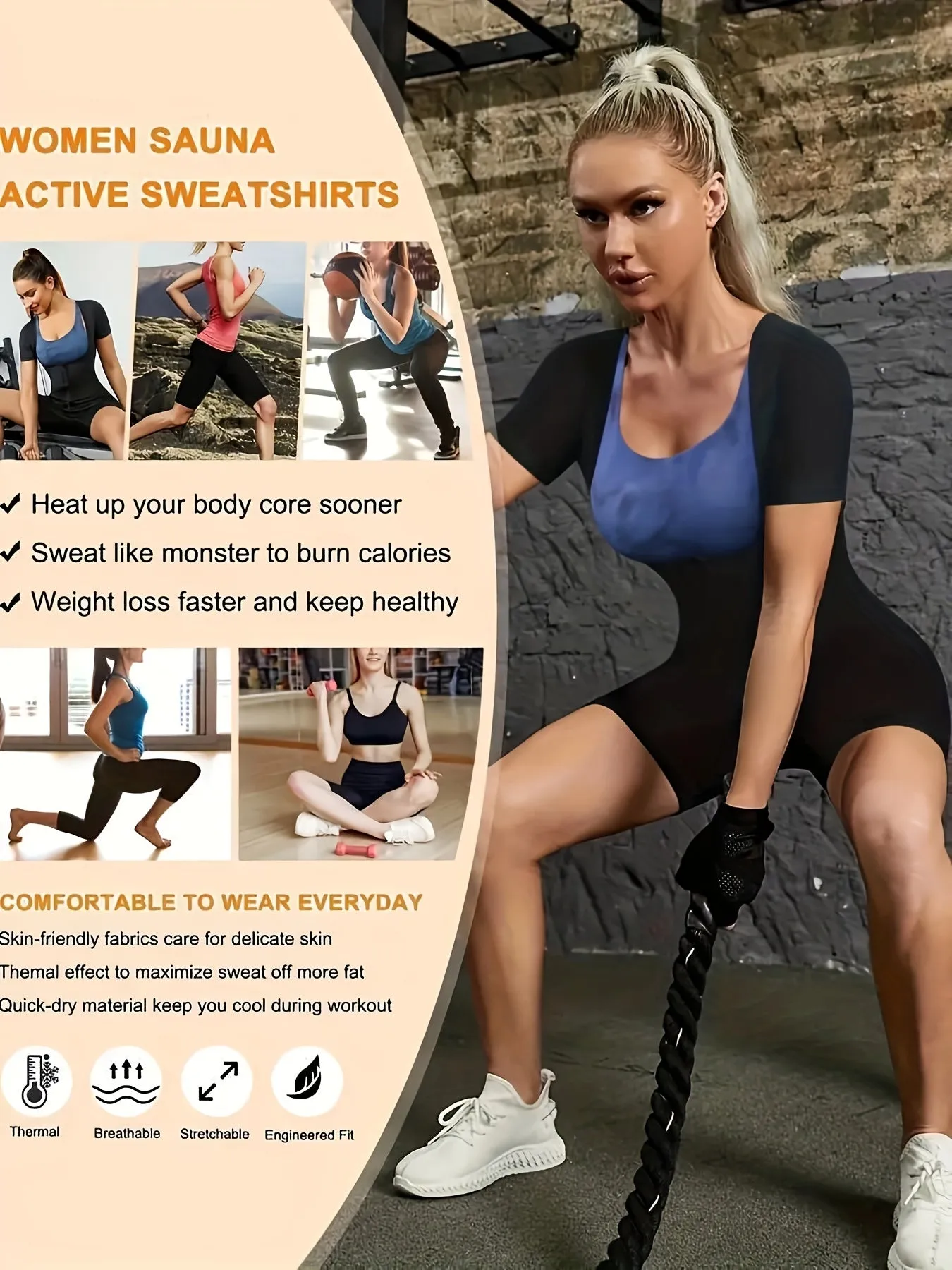 Zipper Sauna Sweat Bodysuit Tummy Control Fitness Jumpsuit Womens Activewear